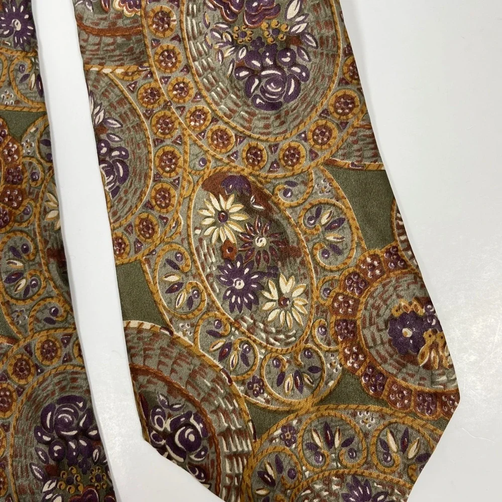 Vintage Allen Solly Silk Necktie Tie Green Purple Paisley Floral Medallion Print